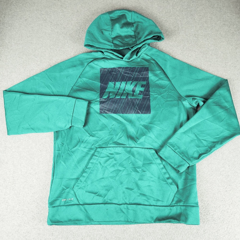 Nike Hoodie Mens Large Green Dri-FIT Graphic Logo Gym Fleece Lined Pullover